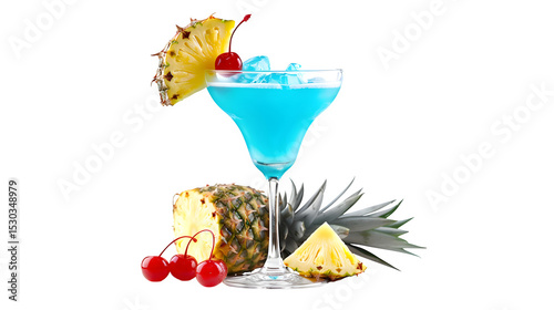 A vibrant blue cocktail in a glass with pineapple and cherries against a black background is shown here