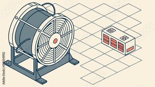 Isometric view of a large industrial fan and a control box on a tiled floor with a light background