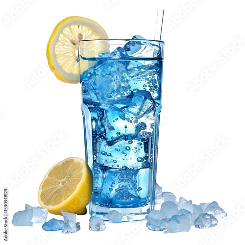 A refreshing blue drink with ice cubes and lemon slices on a black background in a tall glass cup