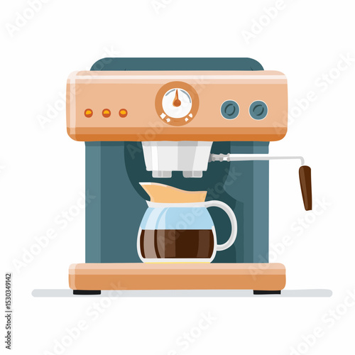 Vector of drip coffee maker with clear carafe on plain white background.