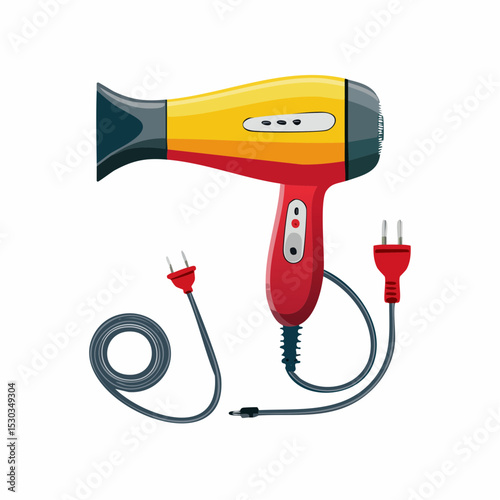 Vector of handheld hair dryer with buttons and cord on white background.