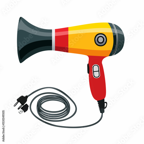 Vector of handheld hair dryer with buttons and cord on white background.