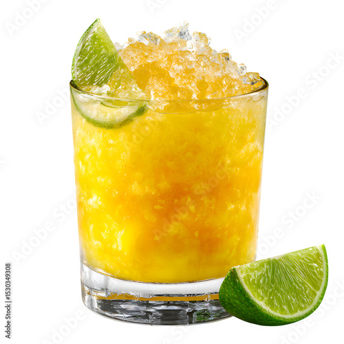 Close up shot of a yellow cocktail in a glass with crushed ice and lime garnish on a black background