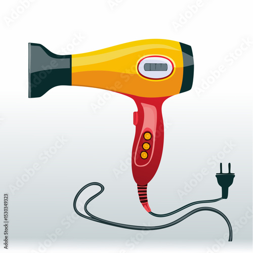 Vector of handheld hair dryer with buttons and cord on white background.