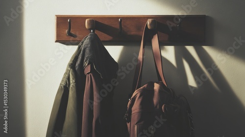 Sunlight illuminates coats and bag hanging on a rustic wooden coat rack.