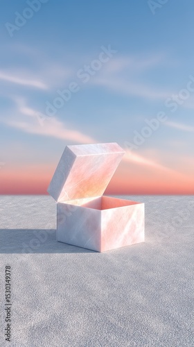 Open Pink Marble Ring Box on Sandy Desert at Sunset