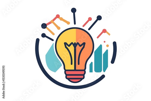Circular graphic illustrating a lightbulb alongside a chart.