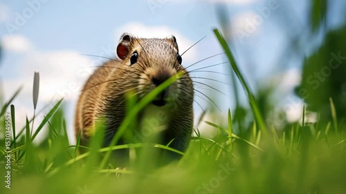 Curious hamster rodent looking from the grass at summer day