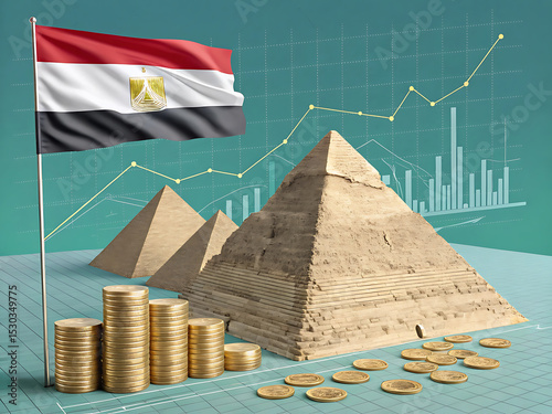 Great Pyramid of Giza with Egyptian Flag and Financial Market Graphics