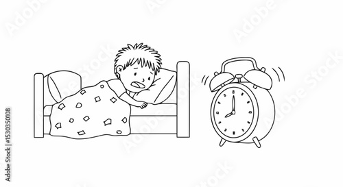 Boy waking up alarm clock ringing