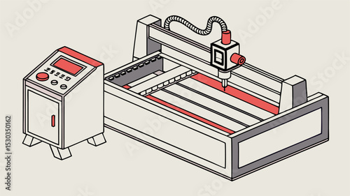 Isometric view of a cnc machine with a control panel showing a display and buttons in red color scheme