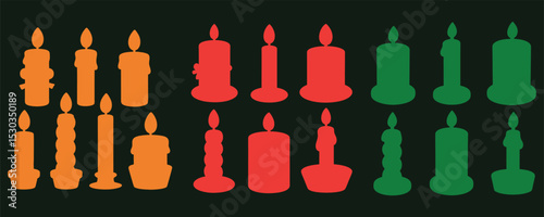 Colorful candle silhouettes vector design with orange red and green festive holiday decorations