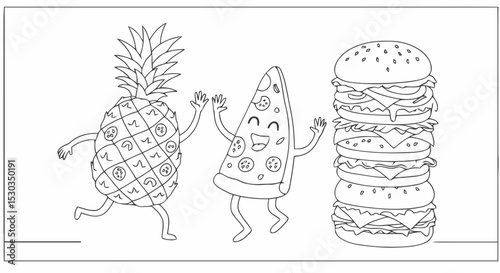 Cartoon food coloring page pineapple pizza burger