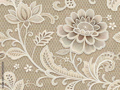 Vintage Floral Lace Seamless Pattern on Nude Mesh Background