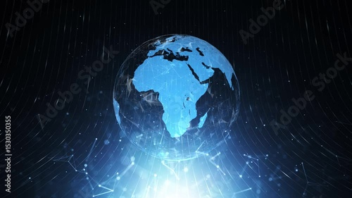 Looping glowing digital lines with earth globe rotation background.