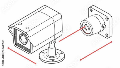 Two surveillance cameras with laser beams indicating detection zones in a security setup outline style