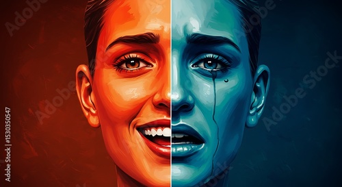 Dichotomy of emotion: Joyful smile and tearful sorrow in split-face portrait