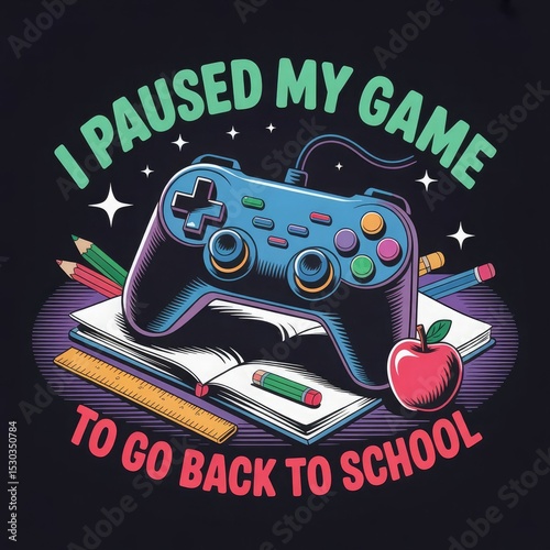 Back to school design featuring a game controller on books and school supplies