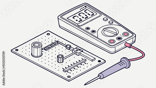 Illustration of a circuit board with components and a multimeter showing a reading of zero point zero zero