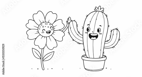 happy cactus and flower high five coloring page