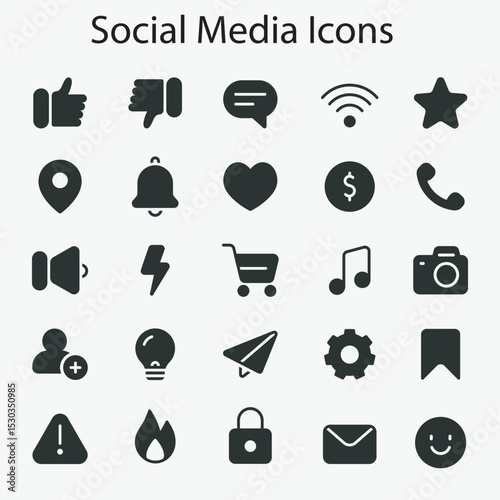 Set of social media icons representing various online activities and functions