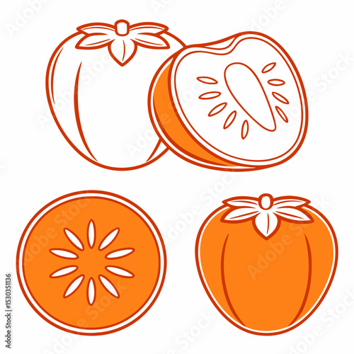 Stylized Persimmon Fruit Illustration Whole Halved and Sliced in Orange Outline