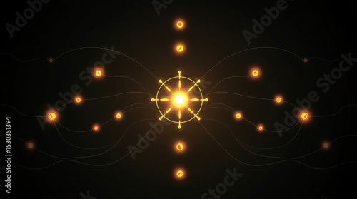 Symmetrical glowing golden orbs orbiting a central radiant wheel on a dark futuristic background