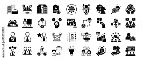Business and Management Icon Set: A comprehensive collection of high-quality vector icons representing various aspects of business, management, strategy, finance, and teamwork.