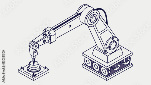 Isometric outline illustration of an industrial robot arm performing a precise task on a platform item