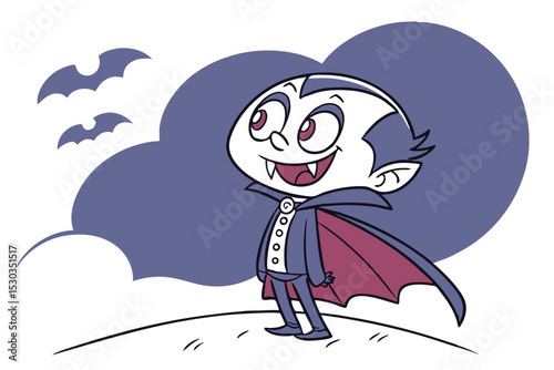 Cute Cartoon Vampire with Bats for Halloween or Spooky Illustration