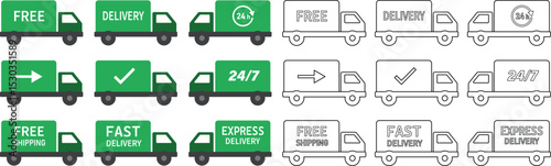Various delivery trucks with shipping icons representing fast free 24/7 and express service illustrations