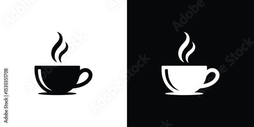 Two Cups of Coffee, Black and White Negative Space Logo, Steam Art