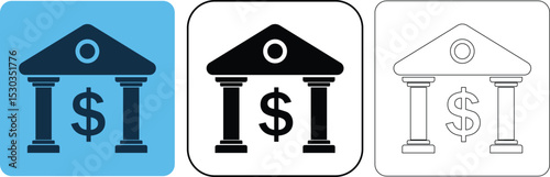 Financial institution icons featuring a bank building with dollar symbol representing banking services