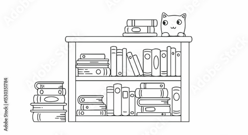 Outline bookshelf with cat and books
