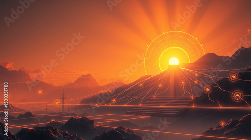 Futuristic sunrise with glowing digital energy lines across mountains in sci-fi landscape