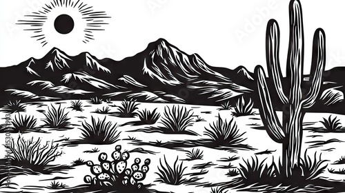 Desert landscape with mountains and cacti in black and white linocut style.