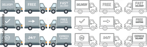 Collection of delivery trucks featuring various service options such as free shipping and fast delivery