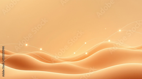 Abstract golden peach waves with glowing light particles on smooth curves background for luxury and wellness design