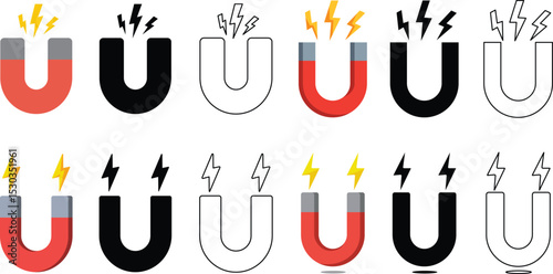 Collection of various cartoon magnets with lightning bolts demonstrating electromagnetic force and attraction