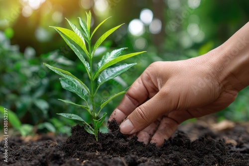 Hand planting a small green plant into the soil in a garden environment outdoors