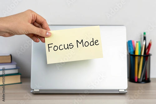 Hand holding focus mode note placed on a laptop promoting concentration at work