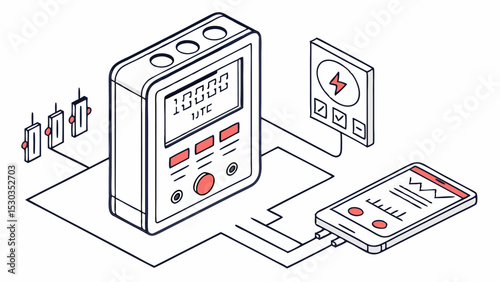 Isometric illustration of a digital meter connected to a smartphone and a test circuit panel setup