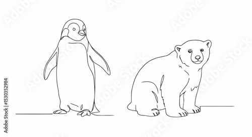 Penguin and polar bear line art