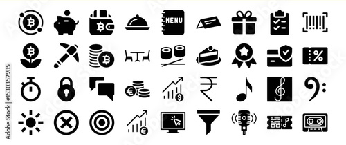 A comprehensive collection of diverse icons representing various business and financial concepts, including sales, marketing, finance, and time management.