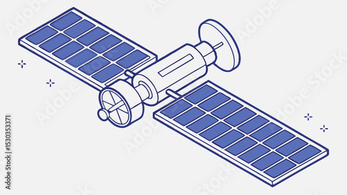 Isometric illustration of a satellite with solar panels and antenna in blue outline on a white background