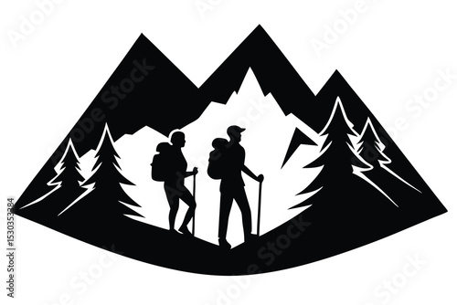 Silhouette couple hiking in majestic mountain landscape