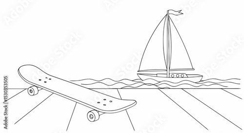 Skateboard and sailboat on dock outline