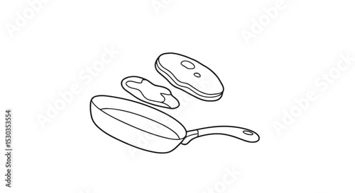 Steak frying pan cooking food outline