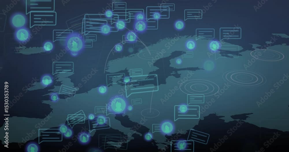 After map load, message icons and user avatars drifting across Europe, showing network growth