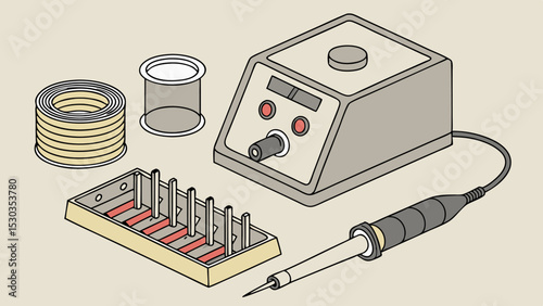 Illustration of a soldering station with solder roll, solder holder, and component holder displayed